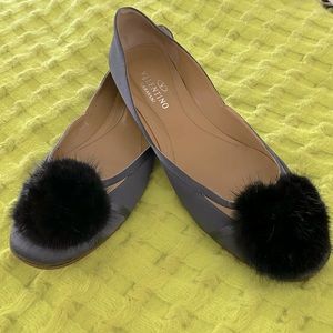 Valentino EUC Silk Flats with Fur Pompom size 40.5